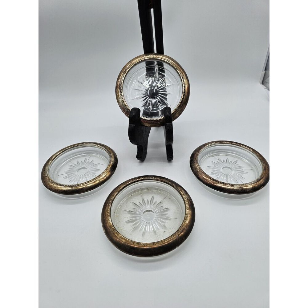 Vintage Leonard Silver Plated Starburst Glass Coaster Set Made in Italy Set of 4
